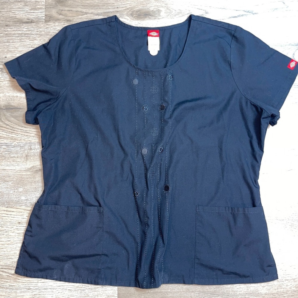 Dickies Womens Scrub Top 3XL Navy Blue Snap Front Embroidered Yoke Short Sleeve